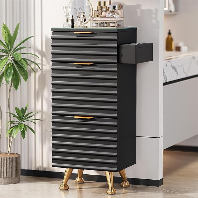 Professional Salon Station with Tempered Glass Top, 3 Drawers Hair Stylist & Barber Storage Cabinet with Heat Resistant Tool Holders, Beauty Spa & Home Organizer, Black