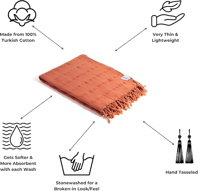 InfuseZen Stonewashed Turkish Bath & Beach Towel –100% Organic Turkish Cotton - Soft, Lightweight, Absorbent - Quick Dry, Sand Free - Swim, Pool, Shower, Travel - Peshtemal, Hammam Spa Towel - Orange