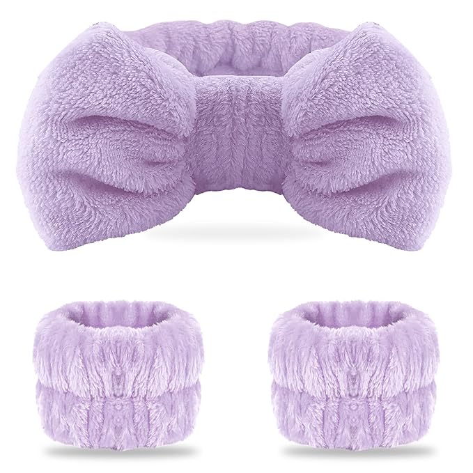 WSYUB Spa headband, Wristbands, Headband for Washing Face, 2pcs Wristlets for Sleeves Dry, Make up Headband,Purple
