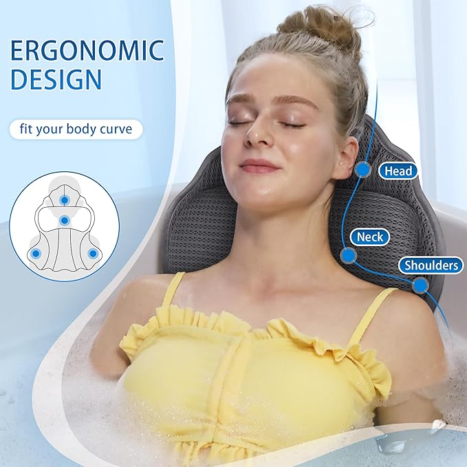Poemland Bath Pillows for Tub, Luxury Bath Pillow Soft 4d Mesh, Bathtub Pillow with 6 Suction Cups, Ergonomic Bath Tub Pillows for Head and Neck, Bath Accessories for Women Relaxation Gifts (Grey)