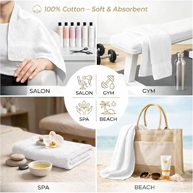 HOME ESSENTIALS Salon Towels (15 x 25 inches) 24 Pack, White Hand Towels for Bathroom, Quick Dry Gym Towels, Spa Face Towel, Absorbent Cotton Towels for Barber, Gym, Bath, Pedicure and Home Hair Care