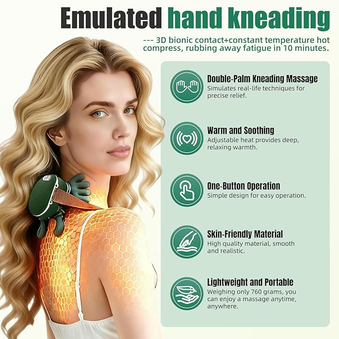 Shoulder & Neck Massager with Heat, 4D Kneading Neck Massager with Bionic Finger Design, Deep Tissue Massage to Relieve Muscle Tension, Home & Office Use (Green)
