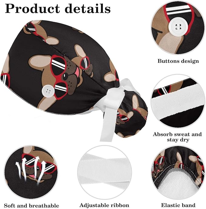 Ethnic Aztec Pattern Adjustable Scrub Cap Hat with Button, Working Hat Sweatband with Bow Hair Scrunchy for Woman