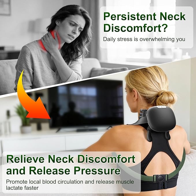 Nooydio Neck Massager, Neck and Back Massager with Heat & 4D Kneading, Shiatsu Deep Tissue Wireless Massager for Shoulder Cervical Pain Relief, Portable Rechargeable for Home Office (Black)