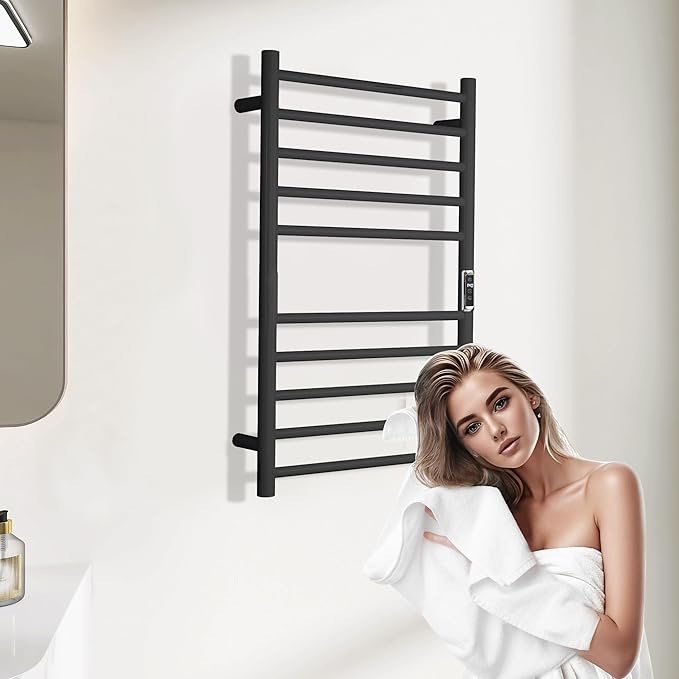 Heated Towel Racks for Bathroom, Wall Mounted Electric Towel Warmer Racks with Timer & Temperature Control, 10 Bar Stainless Steel Towel Heater for Bathroom, Black, Plug-in