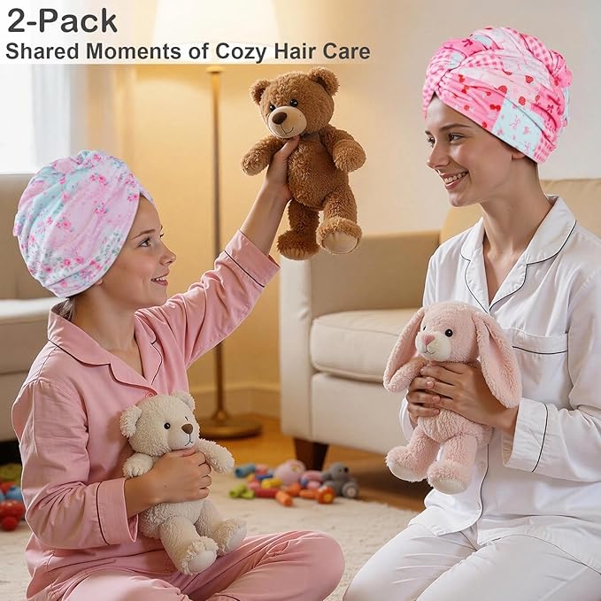 2 Pack Microfiber Hair Towel Wrap for Girls, Quick Dry Hair Turban for Kids, Absorbent Frizz-Free Hair Drying Towel with Button for Long Thick Curly Hair, Pink Flowers