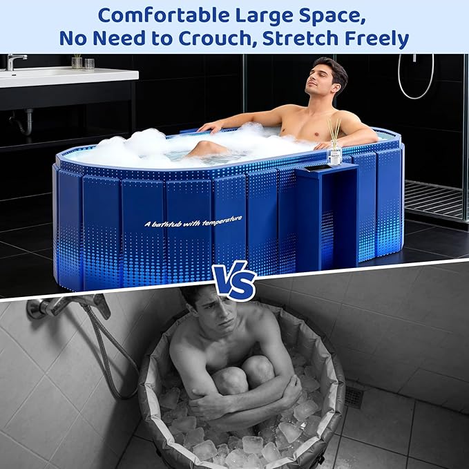 Portable Foldable Bathtub, Freestanding Bathtub No Installation, Bathroom SPA Soaking Bath Tub, Shower Stall Collapsible Hot & Ice Bath Tub (Blue with Storage Rack, 59"L x 21.6"W x 19.6"H)