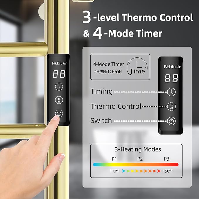 P&Dlusir Towel Warmer, Heated Towel Rack with Smart Timer and Thermo Control, Wall-Mounted Heated Towel Rail, Stainless Steel, Hard-Wired/Plug-in, Polished Gold, 8 bar