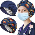 2 Pack Satin Lined Bouffant Scrub Caps with Buttons, Adjustable Scrub Caps for Women Men