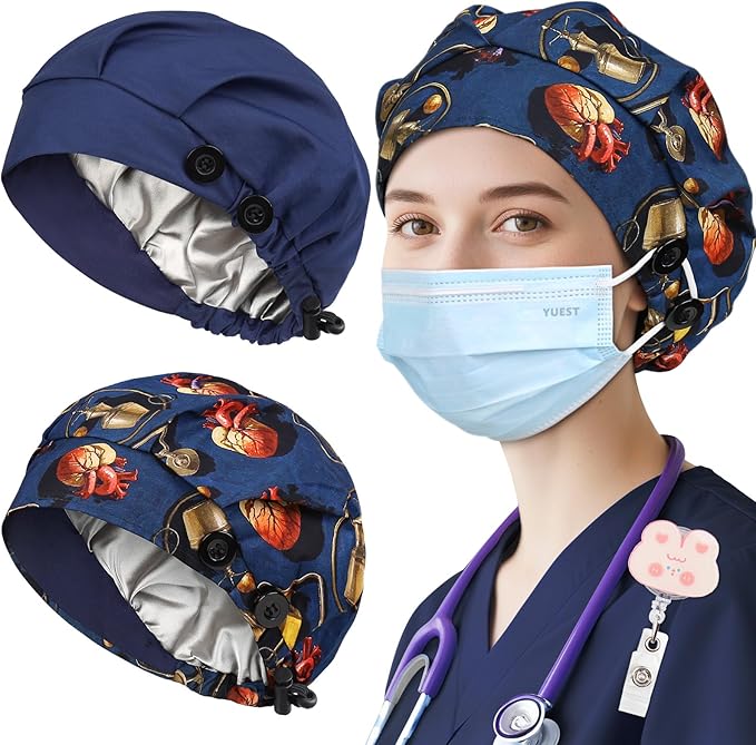 2 Pack Satin Lined Bouffant Scrub Caps with Buttons, Adjustable Scrub Caps for Women Men
