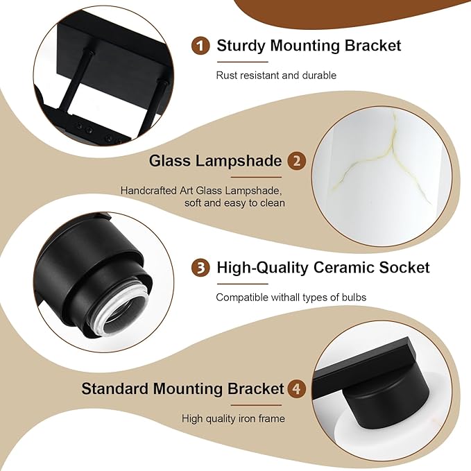 5-Light Bathroom Light Fixtures, Modern Vanity Lights, Black Metal Wall Lamp with White Marble Glass for Bathroom, Mirror, Living Room, Bedroom, Cabinet, Porch, Hallway, E26 Base