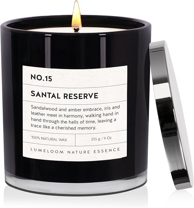 LUMELOOM Santal Reserve Luxury Scented Candles, 9oz Soy Wax Candles for Home Scented, Sandalwood, Amber, Iris & Leather Scent, Long Burning Time, Gifts for Women, Men, Nurse, Mothers Day, Teacher
