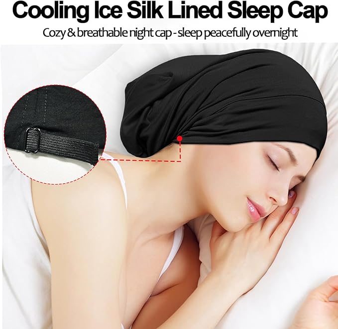 Sleep Cap Bonnet for Sleeping, Adjustable Cooling Ice Silk Lined Hair Bonnets for Natural Curly Braids Beanie Hat Women Men