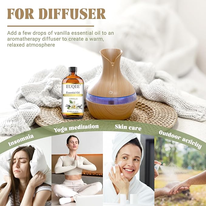 EUQEE 118ml Vanilla Essential Oil, Pure Vanilla Fragrance Essential Oil for Diffuser, Massage, DIY Soap,Candle Making, Skin & Hair Care - 4.0 Fl Oz