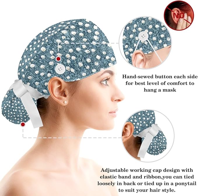 Scrub Caps Women Nursing Hats Floral Flowers with Buttons Ponytail Working Adjustable Pouch Tie Back