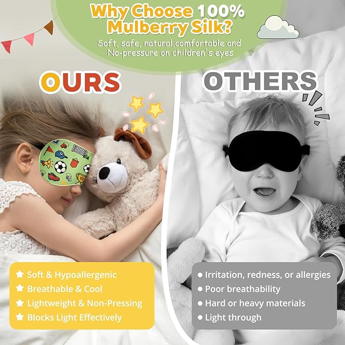 Kids Silk Sleep Mask – 100% Mulberry Silk Eye Cover, Kid Eye Mask with Adjustable Strap, Soft & Breathable Blackout Sleeping Mask for Boys and Girls Ages 5-15 (Soccer Ball Print)