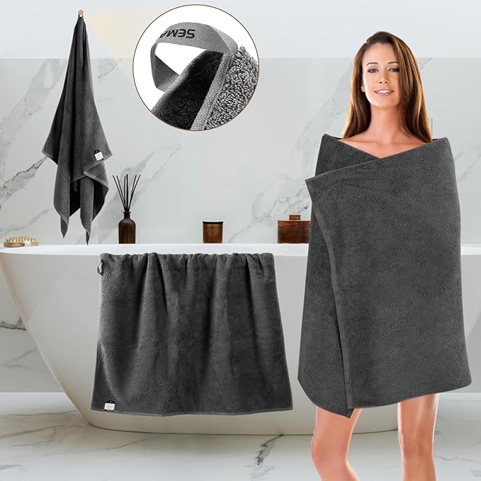 SEMAXE Grey Bath Towel, 100% Cotton Bath Towel with Hanging Loop, 55 x 27 Inch, Soft Absorbent & Quick Dry, for Bathroom & Travel