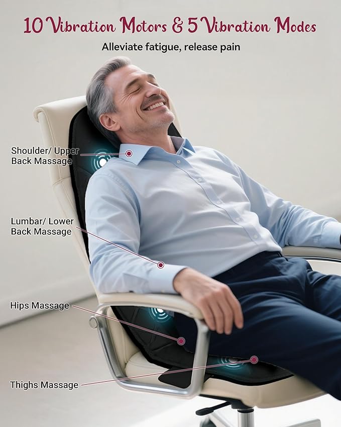 Vibraiton Back Massager for Chair, Massage Seat Cushion, Back Massage Pad with Heat,10 Vibration Motors,5 Vibration Modes,Chair Massager at Office/Home