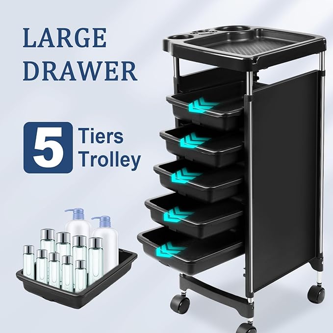 Professional Salon Trolley Cart, 5-Drawer Rolling Storage Organizer, Black, 35.4" Height with Wheels (Black-T28)