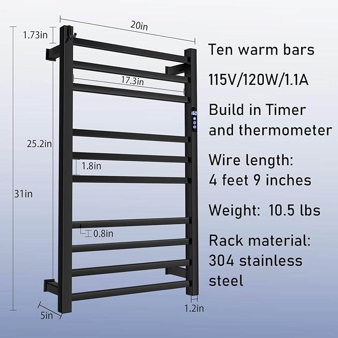 XBVV Black Towel Warmer Rack for Bathroom with Timer/Fahrenheit Display Electric Heated 10 Bars Drying Rail Plug-in or Hardwired Wall Mounted Heating Bath Towel Warming(Matte Black)