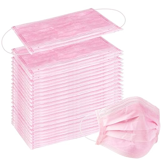 Wecolor 100 Disposable Face Masks for Adults, Outdoor, Airport, Farm, Garden, Non-Woven Fabric and Meltblown Fabric, Soft, Comfortable Face Mask, Anti-Fog, Wide Earbands - Pink