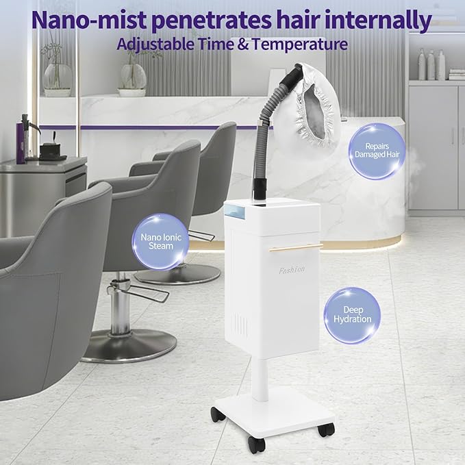 600W Vertical Nano Hair Steamer Dyeing Machine, Hair Oil Machine Freestanding Ozone Micro Mist Hair Steamer with Steam Cap and Hose Attachment for Salon Spa Equipment (White)