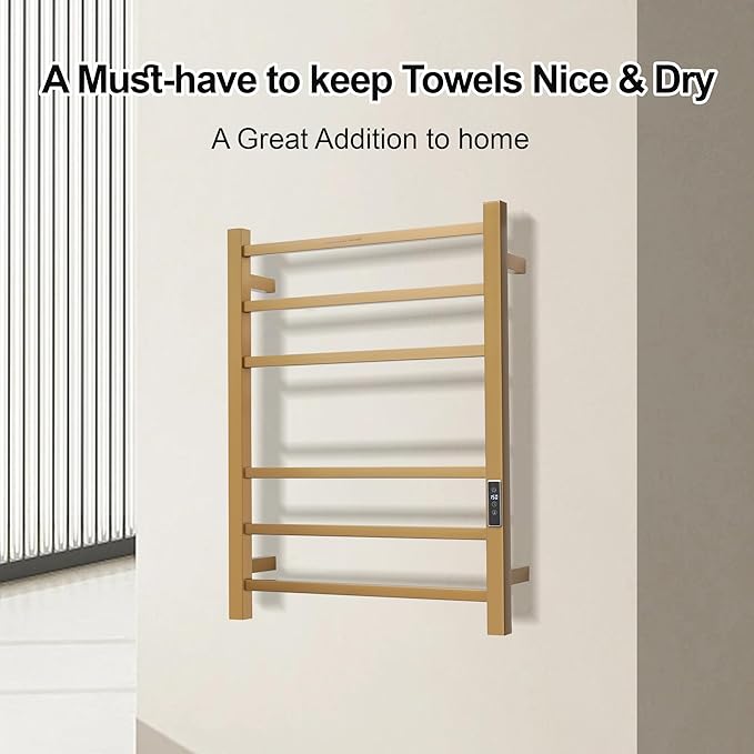 Electric Heated Towel Warmer - Wall Mounted Bathroom Towel Rack, Plug-in Design & Brushed Stainless Steel Finish Square Gold with Timer & Temperature Control 6 Bar