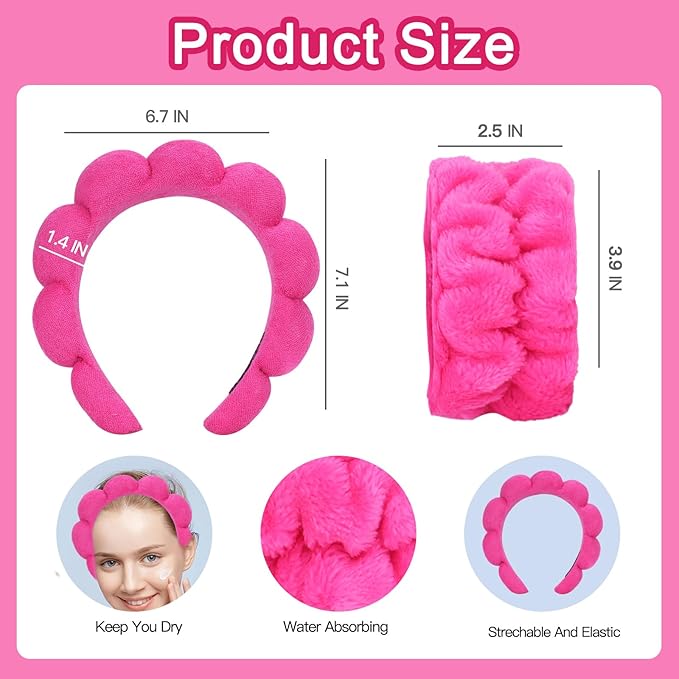 Beleki Spa Headband & Wristband Set - Sponge Terry Cloth Bubble Puffy Hairband - Non Slip Headwear - Hot Pink - 3 Pcs