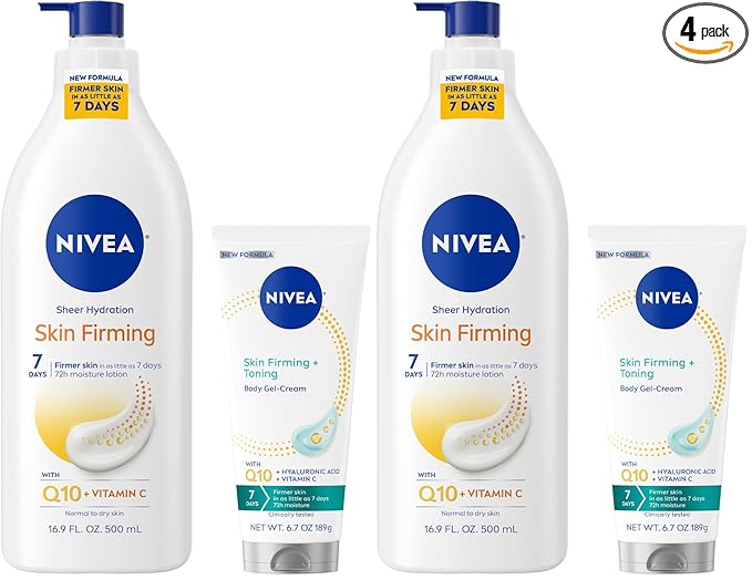 NIVEA Sheer Hydration Skin Firming Body Lotion (16.9 Fl Oz) + Skin Firming & Toning Body Gel Cream with Hyaluronic Acid (6.7 Oz),Enriched with Q10 and Vitamin C,(Pack of 4)