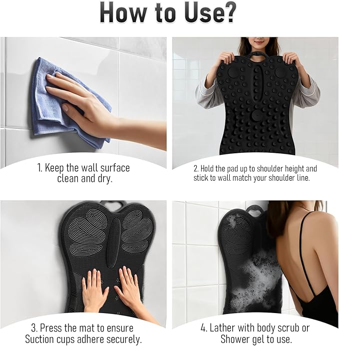 Back Scrubber Shower Bathtub Tub Body Bath Cushion Back Lumbar Support - Silicone Ergonomic Extra Large Thick Soft Seat Paded Non-Slip Suction Cups Relaxing Spa Exfloating Scrubber Mat Black