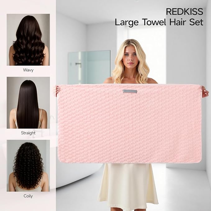REDKISS Pink Microfiber Hair Towels - Extra Large Hair Towel Wrap for Women, 24x42 inch Hair Towels with Elastic Strap, Super Soft Hair Drying Towels for Long, Thick, Curly Anti Frizz Turbans