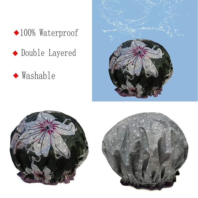 Shower Cap for Women,1 Pcs Shower Hat Waterproof-Double Layer-Reusable Elastic Bath Caps for Girls Spa Home Use,Hotel and Hair Salon …