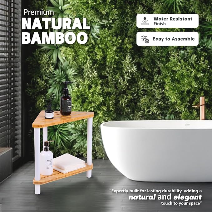 2-Tier Bamboo Corner Shower Caddy, Waterproof Bathroom Corner Storage Organizer with Anti-Slip Feet, Freestanding Corner Shower Shelf with Seat for Small Spaces,White