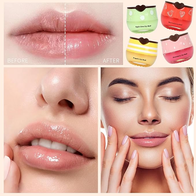 4 PCS Bee Lip Balm Lip Mask Honey Pot, Prevention Lip Dry Set, Strawberry & Watermelon & Apple Lime & Honey Lip Sleeping Mask Moisturizing Lip Balm, Mothers Day Gifts, Teacher Appreciation Gifts