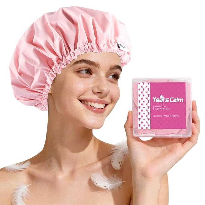 Years Calm Shower Cap for Women Waterproof Reusable – 27g Ultra Lightweight Double-Layer Shower Bonnet, Secure Fit for Long, Curly Hair, Travel & Spa (Pink)