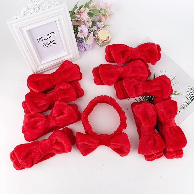 Casoty 10 Pcs Red Makeup Headbands, Hair Band for Washing Face, Soft Coral Fleece Makeup Headband for Women Girls, Bow Hair Bands, Towel Headbands for Face Washing Shower Skin Care Yoga