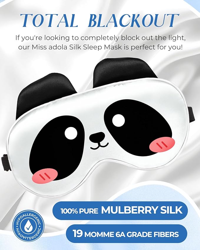 Miss Adola Sleep Mask for Kids - Valentines Gift for Kids Cute Silk Eye Cover for Sleeping Soft Kawaii Eyeshade Animal Eye Blindfold with Adjustable Strap for Girls Boys Teens, Panda