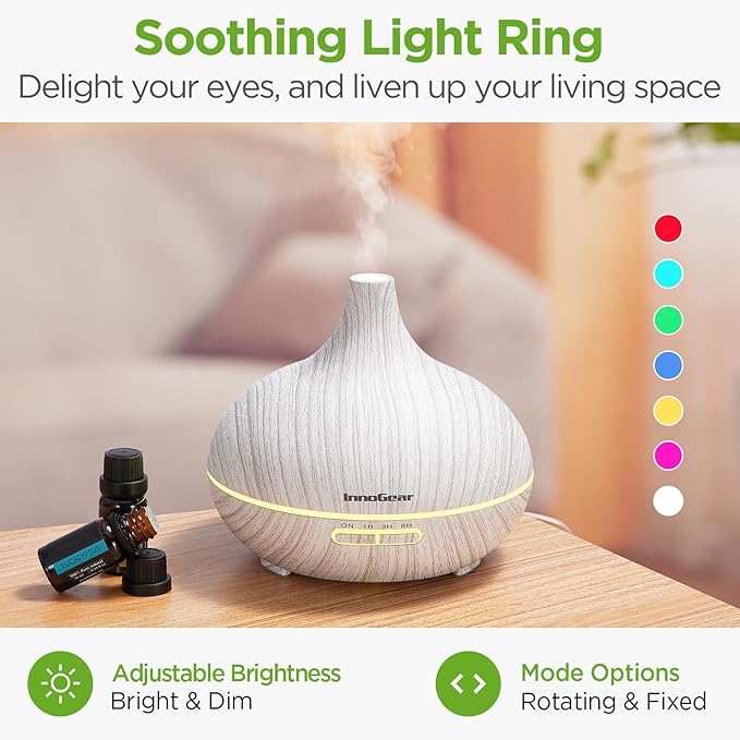 InnoGear Aromatherapy Diffuser & 10 Essential Oils Set, 400ml Diffuser Ultrasonic Diffuser Cool Mist Humidifier with 4 Timers 7 Colors Light Waterless Auto Off for Mother's Gift, White Grey