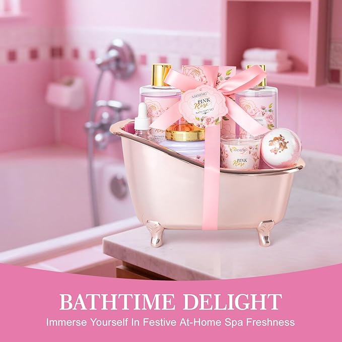 Bath and Body Gift Basket Set Mothers Day, 16 Pcs Luxury Rose & Vanilla Scent Spa Gift Basket Set for Women, Watermelon Body Scrub, Perfect Bath & Body Gift Set, Home Spa Bath Pamper Gifts Teens