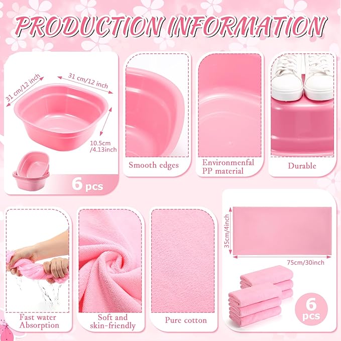 Thiccywoov 54Pcs Kids Foot Spa Party Supplies for Girl Spa Party Favors 6 Washbasin 6 Tote Bags 6 Hand Towels 6 Toe Separators 6 Hair Scrunchies 6 Hairband 6 Slipper 6 Eye Mask 6 Nail File (Pink)