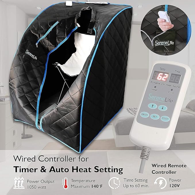 SereneLife Portable Sauna Box for Home, Infrared Sauna Tent with Heated Foot Pad and Folding Chair, Remote Control In-Home Spa, 38" x 32”