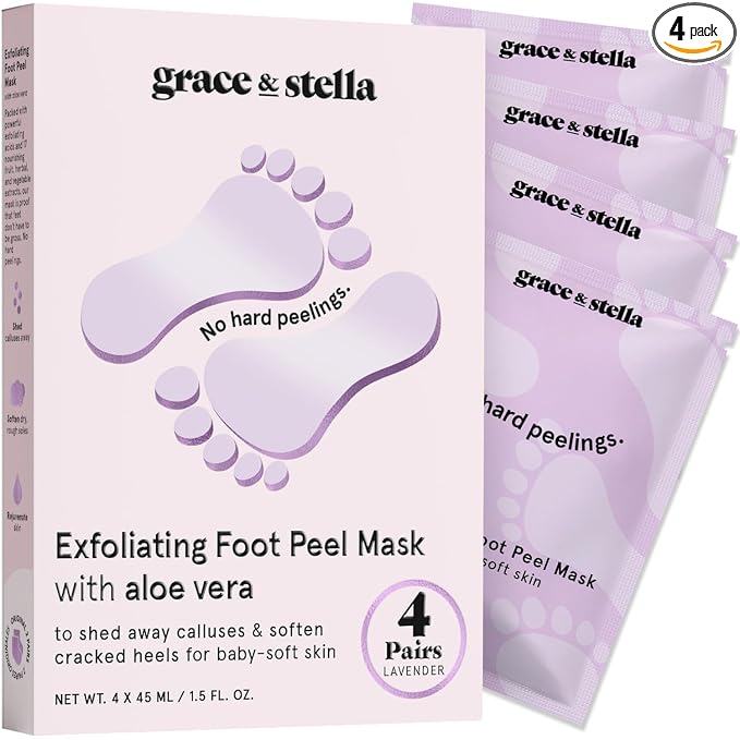grace & stella Award-Winning Foot Peel Mask - Foot Peeling Mask with Aloe Vera - Moisturizing Foot Mask for Dry Cracked Feet - Foot Exfoliator for Baby Soft Feet (4 Pairs, Lavender)