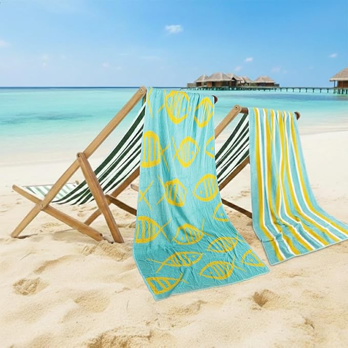 CASA COPENHAGEN Miami Towel 2Pcs Fish Teal - Teal Stripe Designer Stripe Beach Towels Gift Set, 30"x60" Oversized 100% Cotton Pool Bath Towel for Beach Gift Set (Summer Gift Set for Women & Men)