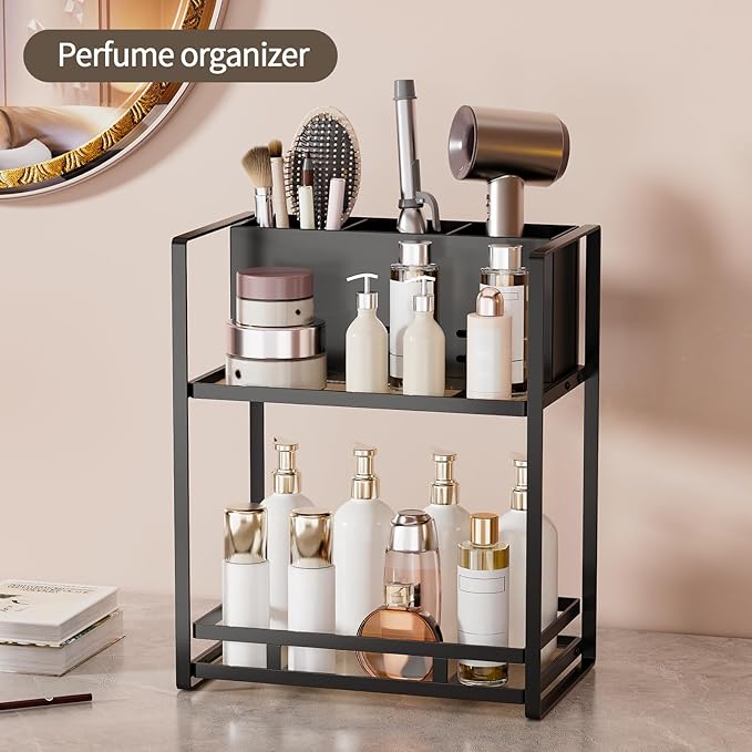 SanDream Hair Tool Organizer Bathroom Countertop, 2-Tier Metal Bathroom Organizer with Blow Dryer Holder, Large Capacity Space-Saving Vanity Shelf for Perfume, Skincare & Makeup Storage (Black)