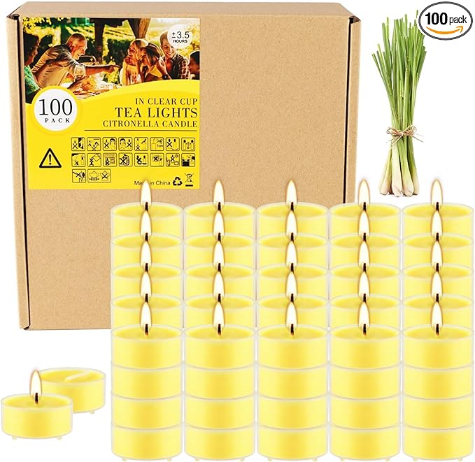 3.5-Hour 100Pack Yellow Tealight Candles, Outdoor and Indoor Summer Scented Candle,Natural Soy Wax Candle for Home Patio Garden Yard Balcony,BBQ Birthday Emergency