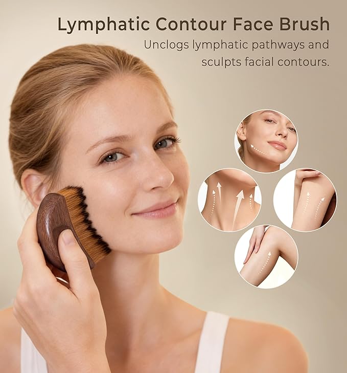 2PCS Lymphatic Contour Face Brush-Wooden Handle Facial Sculpting Brush-Dry Gua Sha Brushes for Face-Lift Facial Brushes for Lymphatic drainage Depuff Puffiness Brushes Walnut