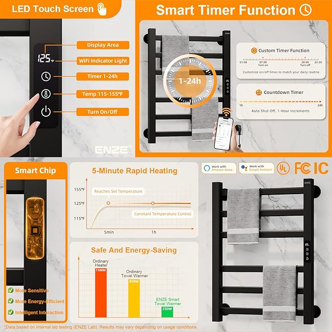 ENZE Smart Heated Towel Rack, 6-Bar Wall-Mounted Electric Towel Warmer 150W, Wi-Fi App Control & LED Touch Screen, Adjustable Temperature & 24H Timer, IPX5, Plug-in/Hardwired, Matte Black