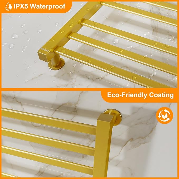 ENZE Smart Heated Towel Rack, 9-Bar Wall-Mounted Electric Towel Warmer 230W, Wi-Fi App Control & LED Touch Screen, Adjustable Temperature & 24H Timer, IPX5, Plug-in/Hardwired, Gold, Low Carbon Steel