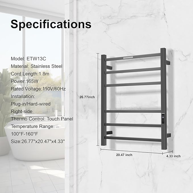Electric Heated Towel Warmer - Wall Mounted Bathroom Towel Rack, Plug-in Design & Brushed Stainless Steel Finish Gunmetal with Timer & Temperature Control 6 Bar