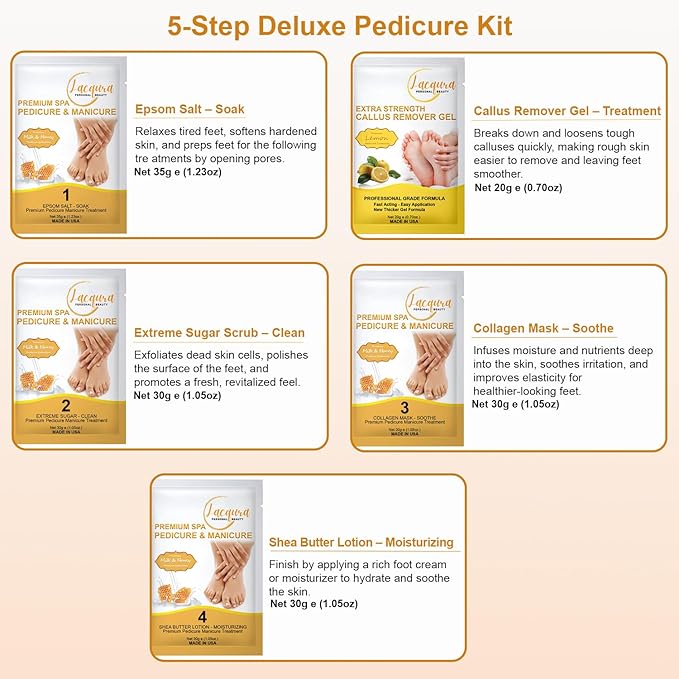Deluxe Pedicure Kit 5 Step Spa Set – Epsom Salt Soak, Callus Remover Gel, Sugar Scrub, Collagen Mask & Shea Butter Lotion – Professional At Home Foot Care (Milk & Honey, 03 Sets)